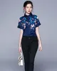 Nuovo elenco uccello Flora stampata manica corta blu navy camicette da donna primavera moda estate camicie da donna