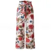 Leg florales pantalones anchos 4 mujeres del color del lazo de la playa del verano suelta impresa flor de bolsillo de pantalón largo LJJ-OO6982