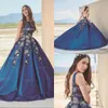 2020 Designer Blue Prom Dresses Jewel Neck A Line Satijn Applicaties Avondjurk Op maat gemaakte Formele Quinceanera-jurken