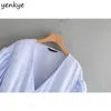 Women Folded Ruffle Blouse Sexy V Neck Puff Sleeve Blue Shirt Peplum Summer Crop Top Blusas XNGC9206