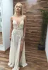 Boho 2019 Nowy Berta Długie Suknie ślubne Plażowe z seksownymi spaghetti paskami głęboką koronką na dekolcie o wysokiej dzielonej szyfonowej suknie ślubne 1220