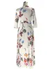 Primavera nova das mulheres plus size roupas flores imprimir longo dress 3 / 4sleeve com decote em v moda elegante flores imprimir dress bohemia maxi longo dress