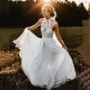 Spets chiffon boho bröllopsklänning halter pärlor golvlängd en linje bohemiska brudklänningar mantel de mariage 2020 utomhus bröllop klänning297y