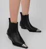 Vente chaude-femme moto chaussons bout pointu métal décor talons épais cheville chevalier bottes sans lacet chaussures grande taille 43