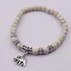 Wholesale- Tibetan Tibet Silver Elephant Pendant White Turquoise Beads 6mm Elastic Bracelet Bangles For Women Pulseiras Boho Jewelry Gift