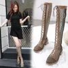 Hot Sale-Fashion Beige Breathable Meshy Polka Dot Knee High Boots Lace Up Hollow Out Zip Back Designer Shoes