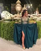 2020 arabe Aso Ebi bleu marine robes de soirée sexy perlées pure cou robes de bal haute Split fête formelle deuxième réception robes ZJ146