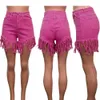 Summer Women Casual Jeans Stretch Mid Rise Frayed Raw Hem Distressed Denim Shorts Tassels Pants Skinny Fashion