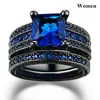 Couple Jewelry - Men's 8mm width Blue Line Stripe Tungsten Carbide Ring Women's 14kt Black Gold Filled Natural Sapphire 217z