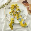 INS Chiffon Summer Bright Rose Floral Hair Scrunchies Women Accessories Hair Bands Ties Ponytail Holder Rubber Rope Decoration Long Bowknot