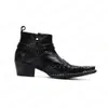 Fashion Men Boots Pointed Metal Tip Black Genuine Leather Boots Ankle Motorcycle Boots 6.5cm High Heels