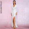 LovElemonade Sexy Branco Profundo V-Pescoço Cut out Sleeves Puff Glitter Lantejoulas Material Elástico Maxi Vestido LM81715 Outono / Inverno CJ191203