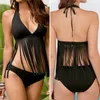 Tassel Hollow Deep-V Black Strappy Bikini Cut Out Print Fringe Biquines Badkläder Bikinis Ladies Baddräkt Thong Swim Suit Push Up Bikini