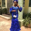 Arabic Royal Blue Mermaid Evening Dresses 2020 Feather Long Sleeve Nigerian Prom Party Gowns Lace Beaded Formal Dress