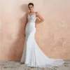 Elegant White Sheer Neck Wedding Dresses Mermaid Backless Illusion Lace Appliques Chiffon Long Beach Boho Bridal Gowns Vestidos De Soiree