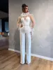 Illusion Long Sleeve Prom Jumpsuit with Belt Arabic High Neck Ruffles Lace Stain Women Occasion Evening Dress with Pant Suit309f