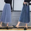 폴카 도트 Pleated Maxi Skirt 2019 가을 새로운 여성 높은 허리 긴 스커트 Preppy 한국어 스타일 여성 메쉬 벨벳 양방향 스커트