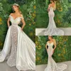 Luxury sjöjungfru bröllopsklänningar med avtagbar kjol spets 3d blommig applicerad land bröllopsklänning satin skräddarsydda vestidos de novia