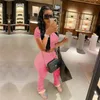 Plus storlek 2x Summer Women Solid Color Two Piece Set Sports Suit Short Sleeve T-Shirt Crop Top+Pants Casual Tracksuit 2800