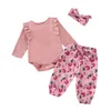 赤ちゃんの女の子の服セット3ピースのソリッドジャンプスーツロンパ+花柄のプリントパンツ+ヘッドバンド衣装ローパスInfantis Menina Costume
