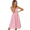 Knop Gestreepte Afdruk Katoen Linnen Casual Zomerjurk Sexy Spaghetti Strap V-hals Off Shoulder Dames Midi Jurk Vestidos