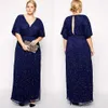 Marineblaue Pailletten-Kleider für die Brautmutter in Übergröße, V-Ausschnitt, A-Linie, formelles Kleid, bodenlang, Schlüsselloch-Rücken, Abendkleider mit Ärmeln SD3351