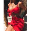 2020 S-XL Frauen Bodycon Zwei Stück Crop Top Bikini Rock Set Bandage Sommer Bademode Beachwear Rot Monokini Badeanzug