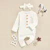 Ins-Baby Girls Romper Spädbarn Boys Solid Färger Långärmad Jumpsuit + Bow Headband Toddler Vår Singel Breasted Onesie C6077