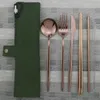 7pc Rose Gold Metal Stainless Steel Dinnerware Set Portable Travel Storage Flatware Set Knife Fork Scoop Chopsticks Straw with Cleaner Brush