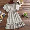 Mori menina bonito kawaii moda vestido xadrez outono estilo peter pan colar manga longa vestido casual para senhora