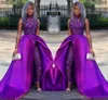 2020 Royal Purple Prom Klänningar Hög Neck Halter Sparkly Sequins Satin Ruched Jumpsuit Lace Applique Evening Gown Formell Tillfälle Slitage