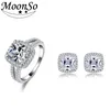 925 Sterling Silver Cushion Cut Zircon Smycken Set för Bröllop Förlovningsring Stud Örhängen Rosa Julklapp Moonso J4639