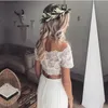 Two Pieces A Line Empire Wedding Dresses Off Shoulder Summer Beach Country Lace Appliques Chiffon Floor Length Arabic Plus Size Bridal Gowns