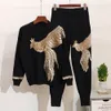 New Fashion 2019 two 2 piece Black Grey Top&pants Sequin Suit  Women Jumpsuit Knitting Autumn Winter Causal Wholesale Festa