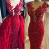 Árabe 2020 Dark Red Luxurious Vestidos Lace frisada Sereia Prom Vestidos destacável Train Tulle Formal Wears