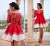 2023 New Red Winter Long Sleeves Short Prom Dresses Arabic Style Sheer Crew Neck Zipper Ball Gown Evening Party Gowns 987