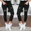 Kvinnor Denim Pants Ripped Knee Cut Jeans Faded Slim Fit Lady Skinny Leggings Hole High Waist Pencil Byxor