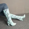 rontic 여성 무릎 높은 부츠 섹시한 광장 하이힐 부츠 뾰족한 발가락 우아한 파란색 뱀 캐주얼 신발 여성 플러스 미국 크기 5-15
