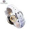 Forsining Bianco Oro Meccanico Automatico di Lusso Top Brand Lady Orologio da Polso Scheletro Orologio da Donna in Vera Pelle Orologi