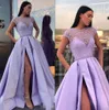 2019 Lavender A Line Prom Dresses Sheer Jewel Neck Major Beading Evening Dresses with Side Split Sexy Hollow Back Formal Party Gowns
