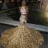 Vackra guldrosa blommor paljetter prom klänningar afrikanska svarta tjejer sexiga applikationer två bitar satin kvällsklänningar plus storlek