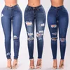 Hål rippade jeans kvinnor för flickor sträcker mitt midja mager jeans kvinnliga byxor smala blyertsbyxor