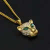 Fashion-Hip Hop Mens Gold Plated Bling Green Diamond Eyes Leopard Cuban Chain Necklace Cartoon Animal Pendant Jewelry for Guys for Sale