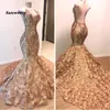 아프리카 골드 댄스 (African Gold Prom Dresses) 인어 halter v 넥 목 3D 꽃 소매 이브닝 드레스 긴 아랍어 두바이 파티 가운 334o