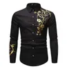 Mäns avslappnade skjortor Stylish Gold Flower Print Black Shirt Men 2021 Spring Slim Fit Long Sleeve Mens Dress Party Man Social S301i