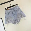 Women's Heavy Rhinestone Fringed Hole Jeans Shorts Female High Waist Summer Fashion Wide Leg Denim Shorts