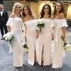 Chiffon Long Bridesmaid Dresses With Short Sleeves Off The Shoulder Maid Of Honor Dress Front Split Ruffles Sheath Wedding Prom Gowns