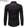 Élégant fleur d'or imprimé chemise noire hommes 2020 printemps nouveau coupe ajustée à manches longues hommes chemises habillées fête décontracté mâle Social Shirt1233v