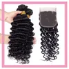 Малазийский Необработанные человеческих волос глубокая волна Связки С 4X4 Lace Closure Средний Три Free Часть Deep Curly Natural Color 4 шт