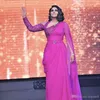 2019 Fuchsia One Shoulder Long Sleeves Sequins Evening Dresses With Cape Chiffon Beaded Sweep Train Formal Prom Party Gowns